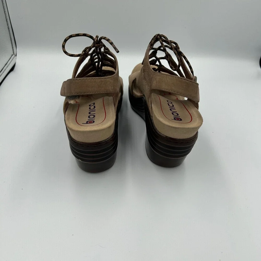 Bionica Wedge Sandals Womens 8 M Tan Leather Lace Up Cage Slingback 4552206